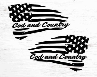 American Flag God and Country Decals - Pair of Decals - Premium Vinyl - Subdued/Reversed