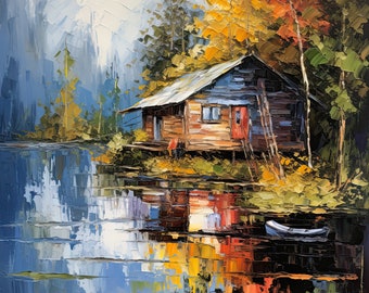 Autumn's Embrace: Cabin by the Riverside (square)