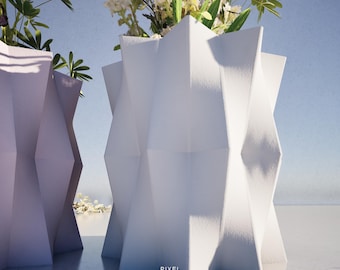 Origami Planter Vase STL: Ten Pointed, Thick Profile 3D Model Set of 2 STL Files