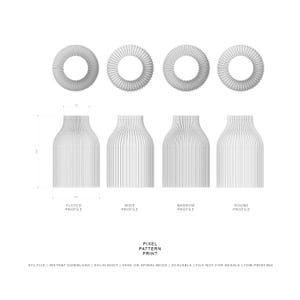 May include: Four 3D printable vase designs with different profiles: fluted, wide, narrow, and round. The designs are shown as a cross-section and as a full vase. STL file, instant download, solid body, vase or spiral mode, scalable, file not for resale, FDM printing.