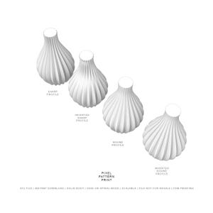 May include: Four 3D printed vases with different profile shapes: sharp, inverted sharp, round, and inverted round. The vases are white and have a textured surface. STL file, instant download, solid body, vase or spiral mode, scalable, file not for resale, FDM printing.
