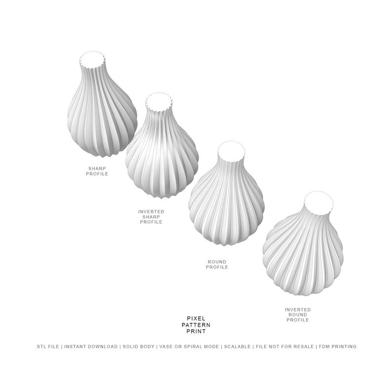 May include: Four 3D printed vases with different profile shapes: sharp, inverted sharp, round, and inverted round. The vases are white and have a textured surface. STL file, instant download, solid body, vase or spiral mode, scalable, file not for resale, FDM printing.