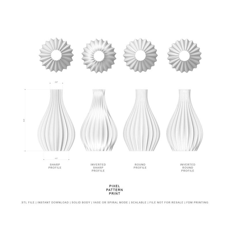 May include: Four 3D printed vase designs with different profiles: sharp, inverted sharp, round, and inverted round. The vases are white and have a pixelated pattern. STL file, instant download, solid body, vase or spiral mode, scalable, file not for resale, FDM printing.