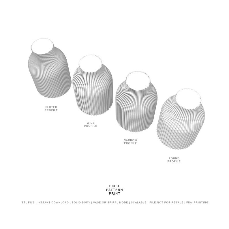 May include: Four 3D printed vases with different profile designs: fluted, wide, narrow, and round. The vases are white and have a pixelated pattern. STL file, instant download, solid body, vase or spiral mode, scalable, file not for resale, FDM printing.