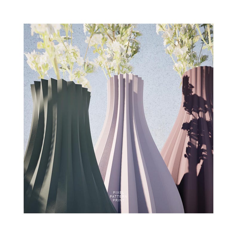 May include: Three decorative vases with a pleated design. The vases are in shades of green, purple, and brown. The vases are filled with white flowers.