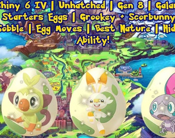 Pokémon Sword and Shield - Niewyklute | 8. generacja | Lśniące jaja startowe Galar | Grookey + Scorbunny + Sobble | Ruchy jaj | 6IV | Ukryta umiejętność!