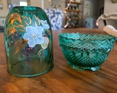 Fenton Hand Painted Fairy Lamp Signed J Cutshaw Light Blue Glass 22k Gold Paint