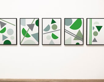 Set of 5 modern wall art, green grey abstract geometric printable wall decor, contemporary 5 piece set, minimal shapes artwork wall prints