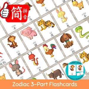 Chinese Zodiac Flashcards, Chinese New Year, Pinyin Chinese Flash Cards, Kids Chinese,Montesorri Resources, Lunar New Year,Chinese astrology