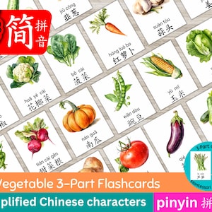 Vegetable Chinese Flashcards, Pinyin Chinese Flash Cards, 3-Part Chinese Flashcards Printable, Chinese characters flash card, Kids Chinese image 1