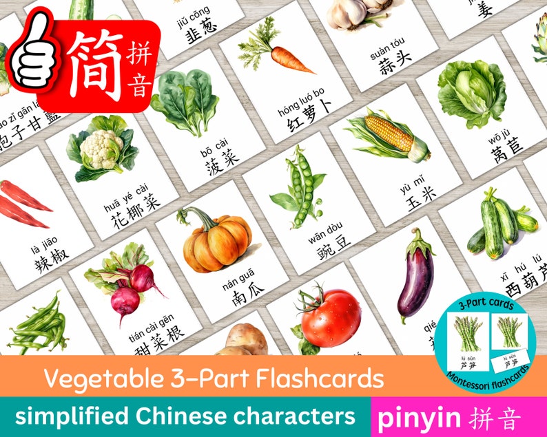 Vegetable Chinese Flashcards, Pinyin Chinese Flash Cards, 3-Part Chinese Flashcards Printable, Chinese characters flash card, Kids Chinese image 1