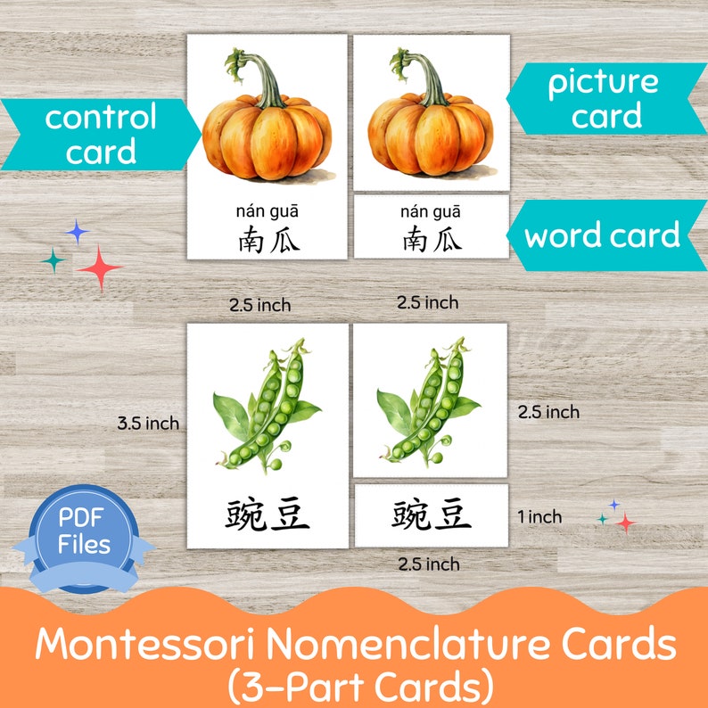 Vegetable Chinese Flashcards, Pinyin Chinese Flash Cards, 3-Part Chinese Flashcards Printable, Chinese characters flash card, Kids Chinese image 2