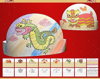 Chinese New Year Paper Crown Crafts, Lunar New Year Kids Activities, Coloring Page Bundle, Crafts for Kindergarten and Preschool