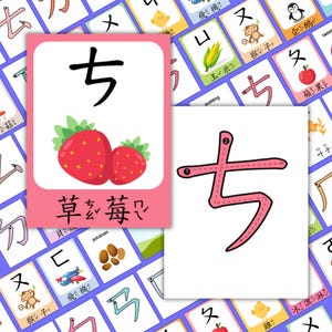 May include: A pink and white flashcard with the Japanese character "ち" written in black. The character is surrounded by a pink dotted line for tracing. The card also features a picture of two red strawberries with green leaves. The text "ち" is written in smaller font below the strawberries.