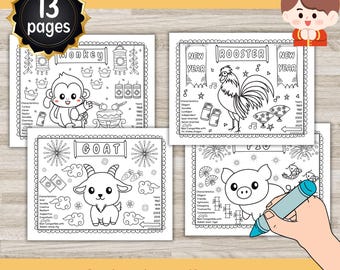 Páginas para colorear del zodíaco chino, Libro de actividades para niños del Año Nuevo chino, Página para colorear del Año del Caballo, Hoja de trabajo del Año Nuevo Lunar chino