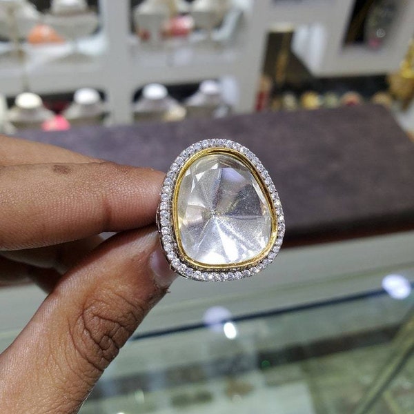 Statement Ring Gold Tone Polki Adjustable Ring uncut polki Kundan ring Polki Diamond Ring Big Polki Diamond Ring