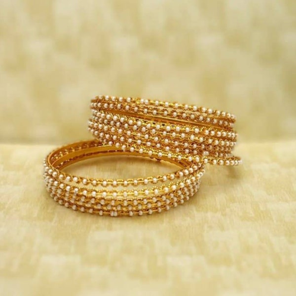 Gold Plated Pearl Bangles Set of 12 Indian Bangles Pakistani Bangles Bridal Bangles Bangles Box Bangles Girl must have Bangles