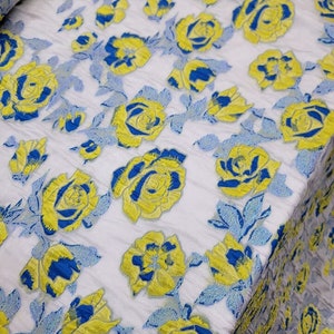 Fabric Sold By Yard White Organza Silk Yellow Floral Royal Blue Brocade Dress
