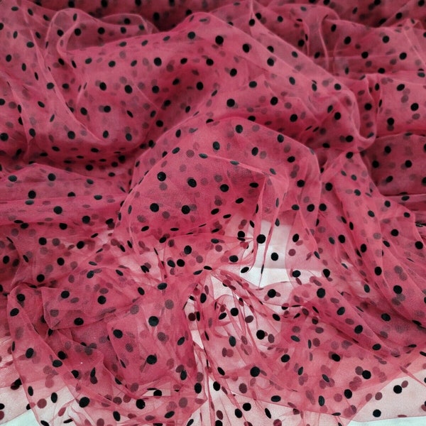 Polka Dot TULLE, Fabric By The Yard Burgundy Tulle Velvet Black Polka-dot