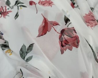 Fabric Sold By The Yard White Chiffon Red Floral Flowers Yellow Green Sheer