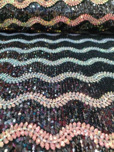 Iridescent sequin Stars On Black Stretch Velvet Fabric Sold By The Yard. Aqua
