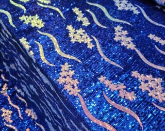 Royal Blue Sequin Embroidery Iridescent Floral Stretch Velvet Fabric By Yard