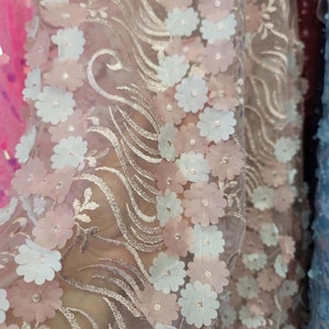 Fabric Sold By The Yard Blush Pink Lace 3d Floral Sequin Embroidery On Mesh Prom