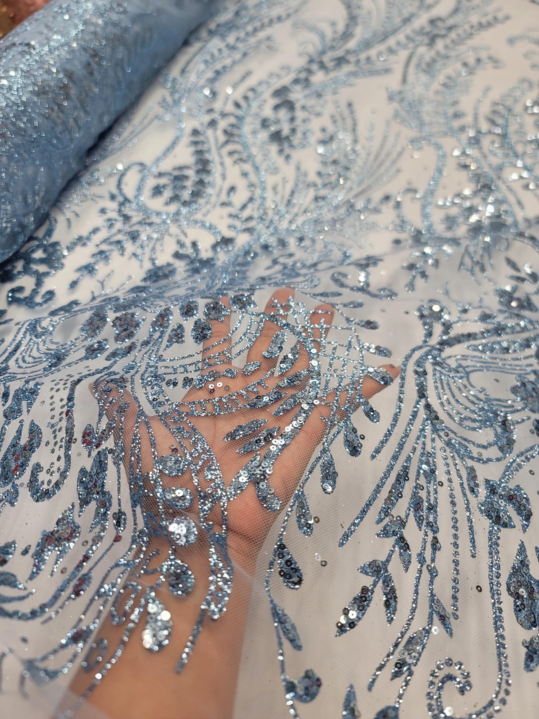 Fabric Sold by the Yard Sky Blue Lace Glitter Sparkle Mesh Fashion ...