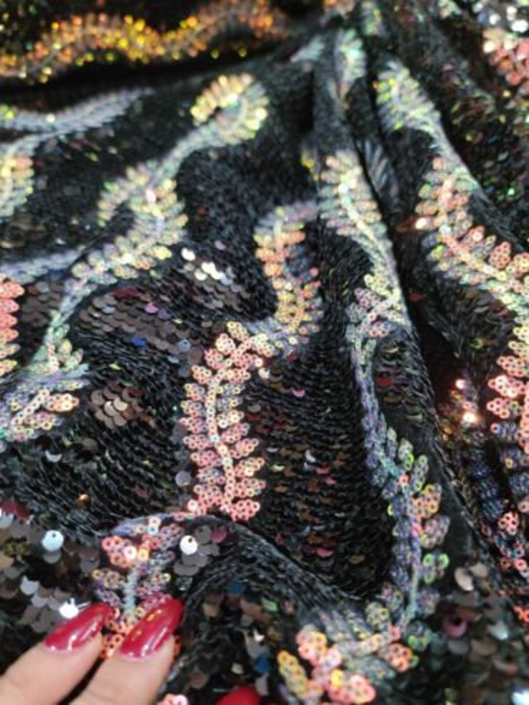 Iridescent sequin Stars On Black Stretch Velvet Fabric Sold By The Yard. Aqua main image 1