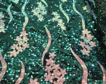 Emerald Green Sequin Floral Embroidery Stretch Velvet Fabric By The Yard