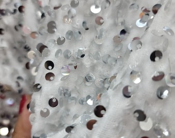 Silver Sequins on White Stretch Velvet 2 Way Stretch Fabric By The Yard