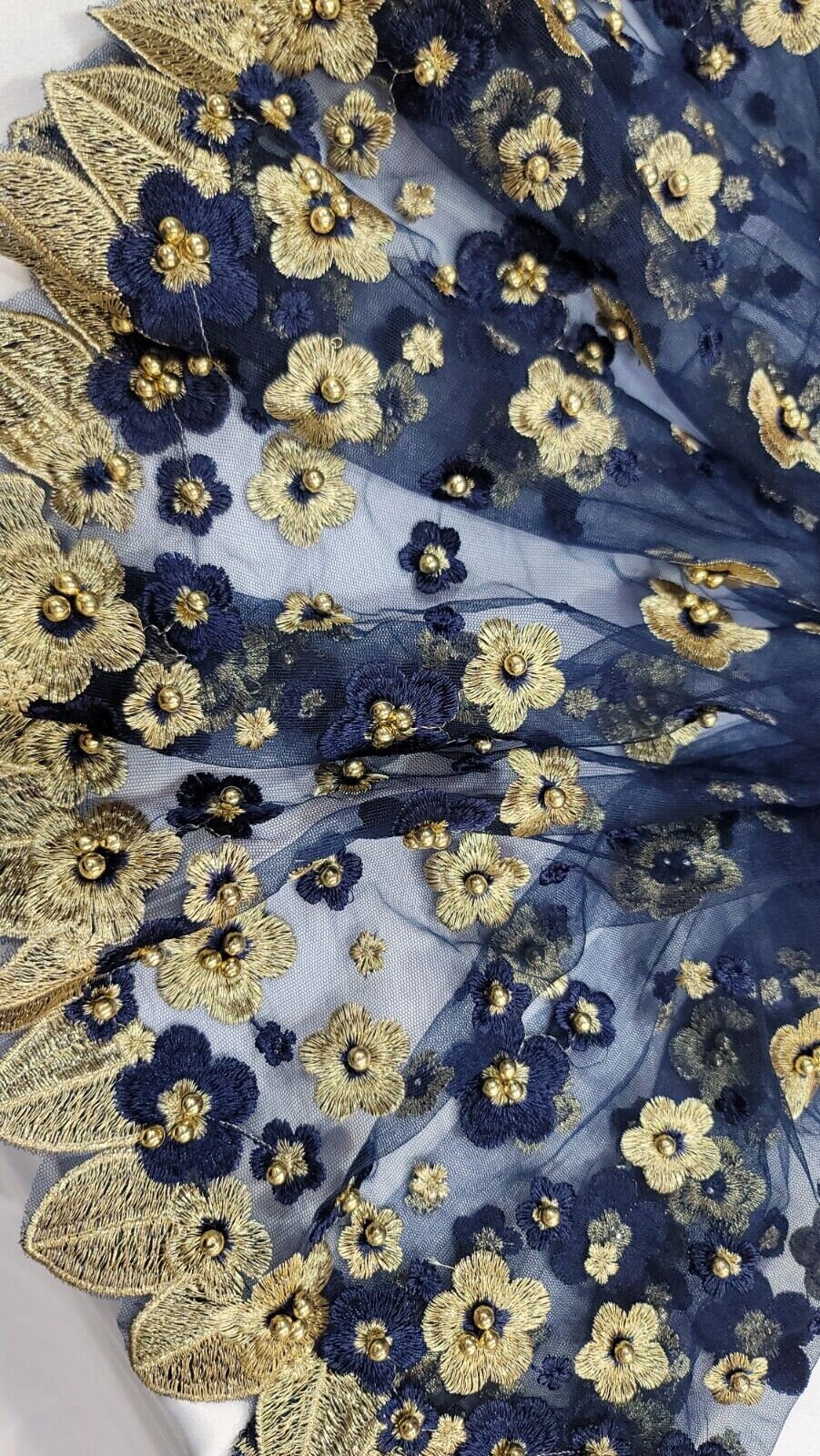 Embroidered Beads Lace Navy Blue Mesh 3d Gold Flower Fabric by the Yard ...