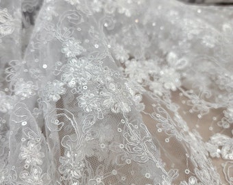 White Lace Flowers Embroidered Sequins BRIDAL Fabric By The Yard WEDDING Baptism