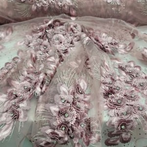 Dusty Rose Lace Embroidery 3d Floral Rhinestones Fabric By The Yard Quinceañera