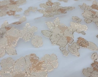 Brocade Gold Floral Flowers Metallic on White French Organza Fabric - Sold by the Yard for Quinceañera Gowns, Prom Fashion.