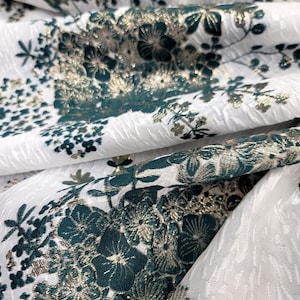 Hunter green brocade floral jacquard on white french organza fabric by the yard