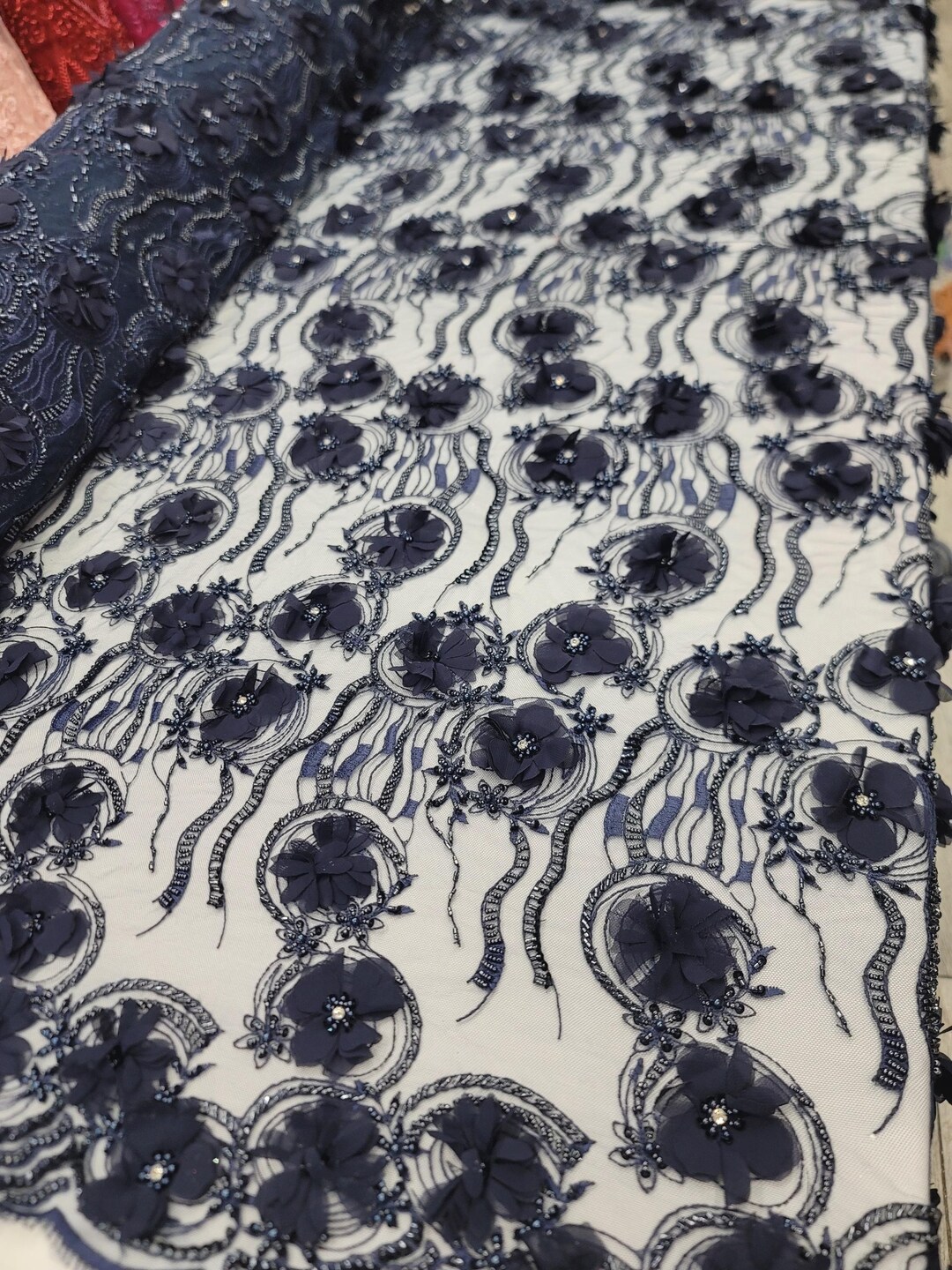 Fabric by the Yard Beaded Lace 3d Floral Navy Blue Embroidery Pearls ...