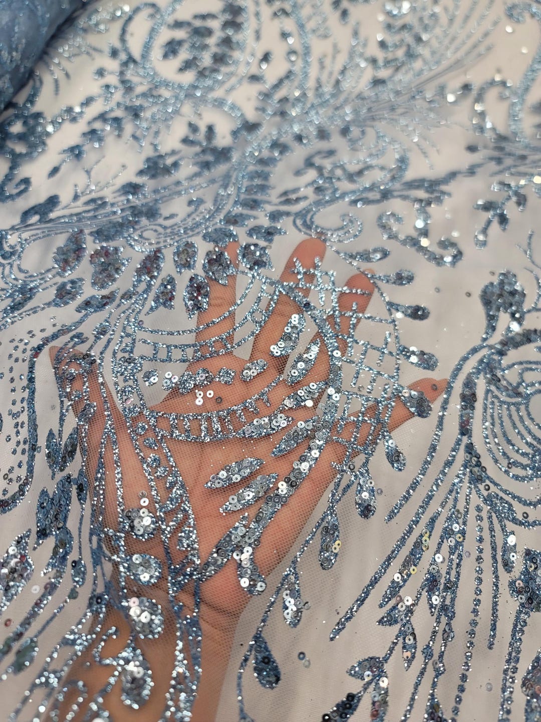 Fabric Sold by the Yard Sky Blue Lace Glitter Sparkle Mesh Fashion ...