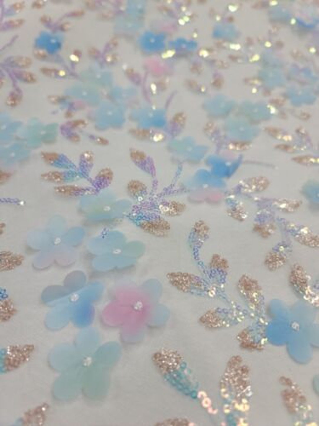 Fabric by the Yard Sequin Lace 3d Blue Pink Floral Flowers Holographic ...