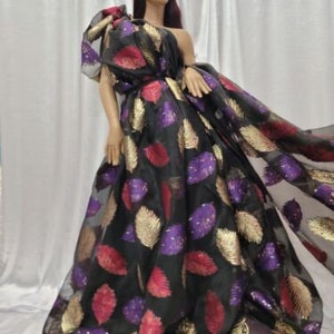 Fabric Sold By The Yard Black Organza Brocade Gold Metallic Purple Red Leaves