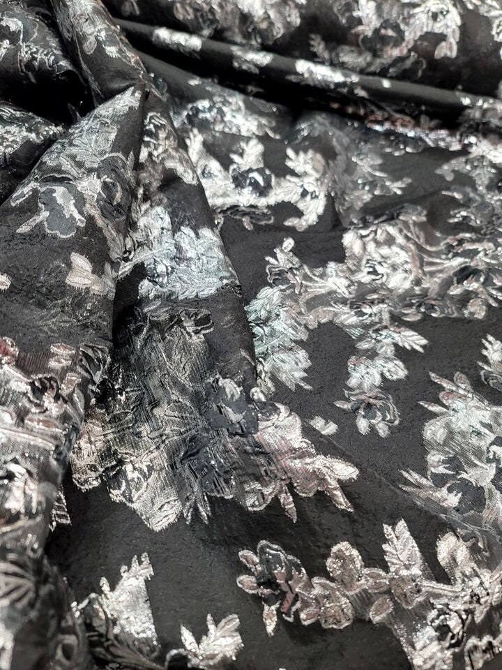 Metallic Silver/Aqua Floral on Black Organza With Pearls Embroidered Organza