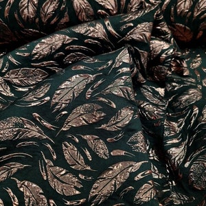 ROSE GOLD Feathers Metallic Black Brocade Fabric Sold By The Yard For Dress