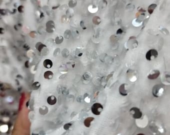Silver Sequins on White Stretch Velvet 2 Way Stretch Fabric By The Yard