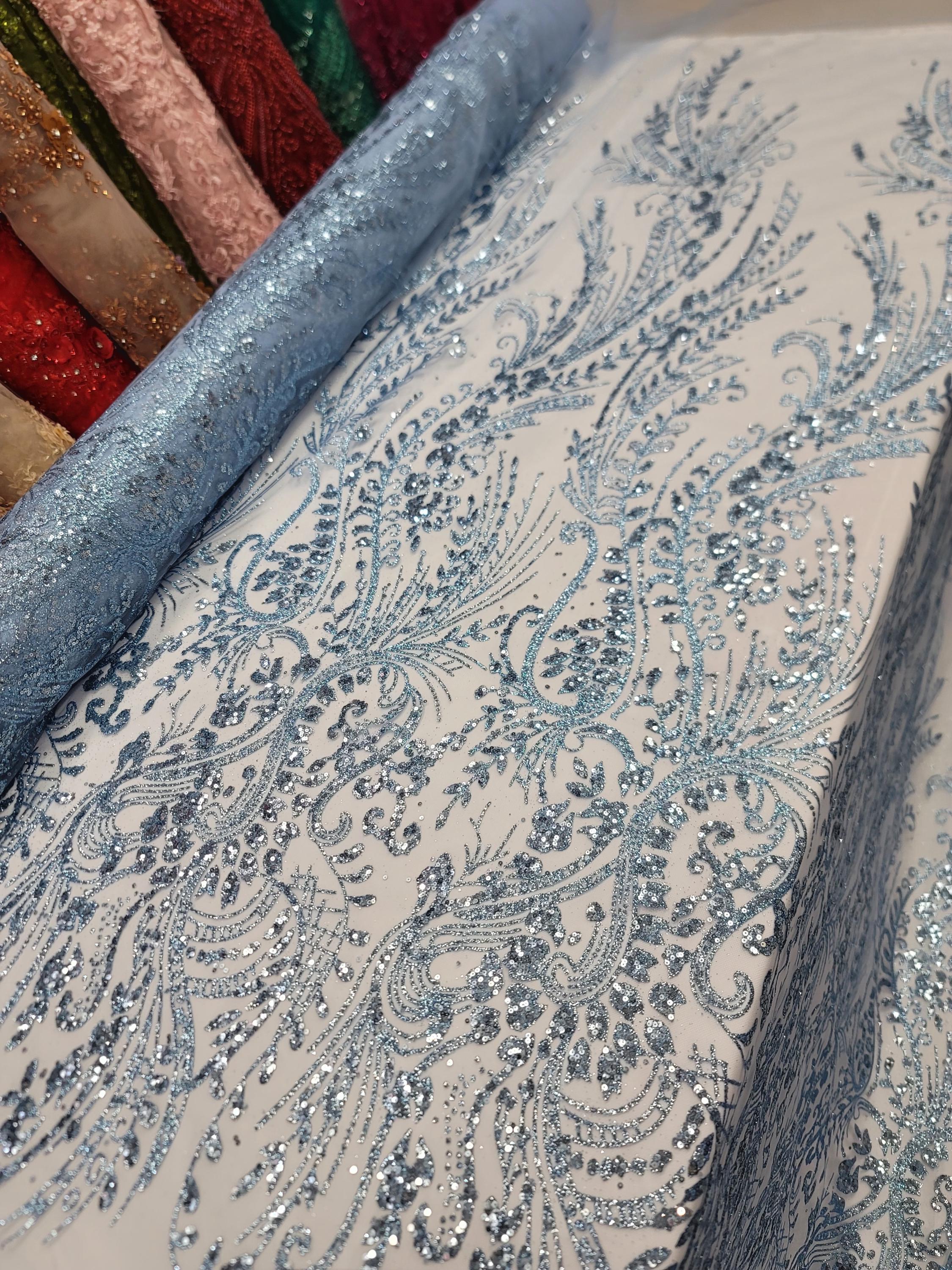 Fabric Sold by the Yard Sky Blue Lace Glitter Sparkle Mesh Fashion ...