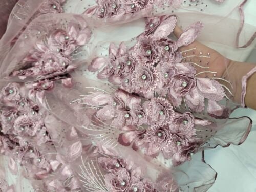 Dusty Rose Rhinestone Dusty Rose Lace Embroidery 3d Floral Rhinestones Fabric by the Yard ...