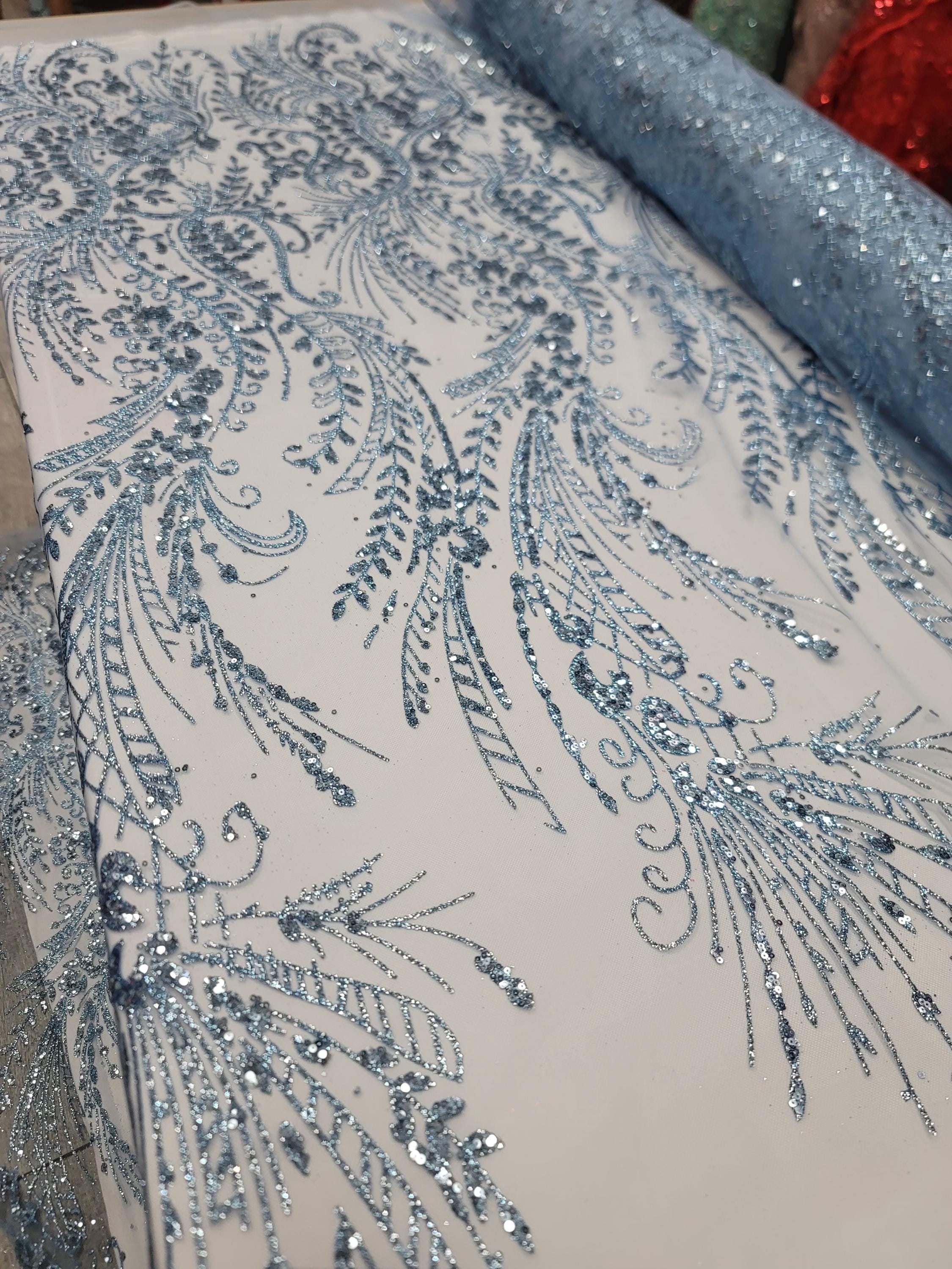 Fabric Sold by the Yard Sky Blue Lace Glitter Sparkle Mesh Fashion ...