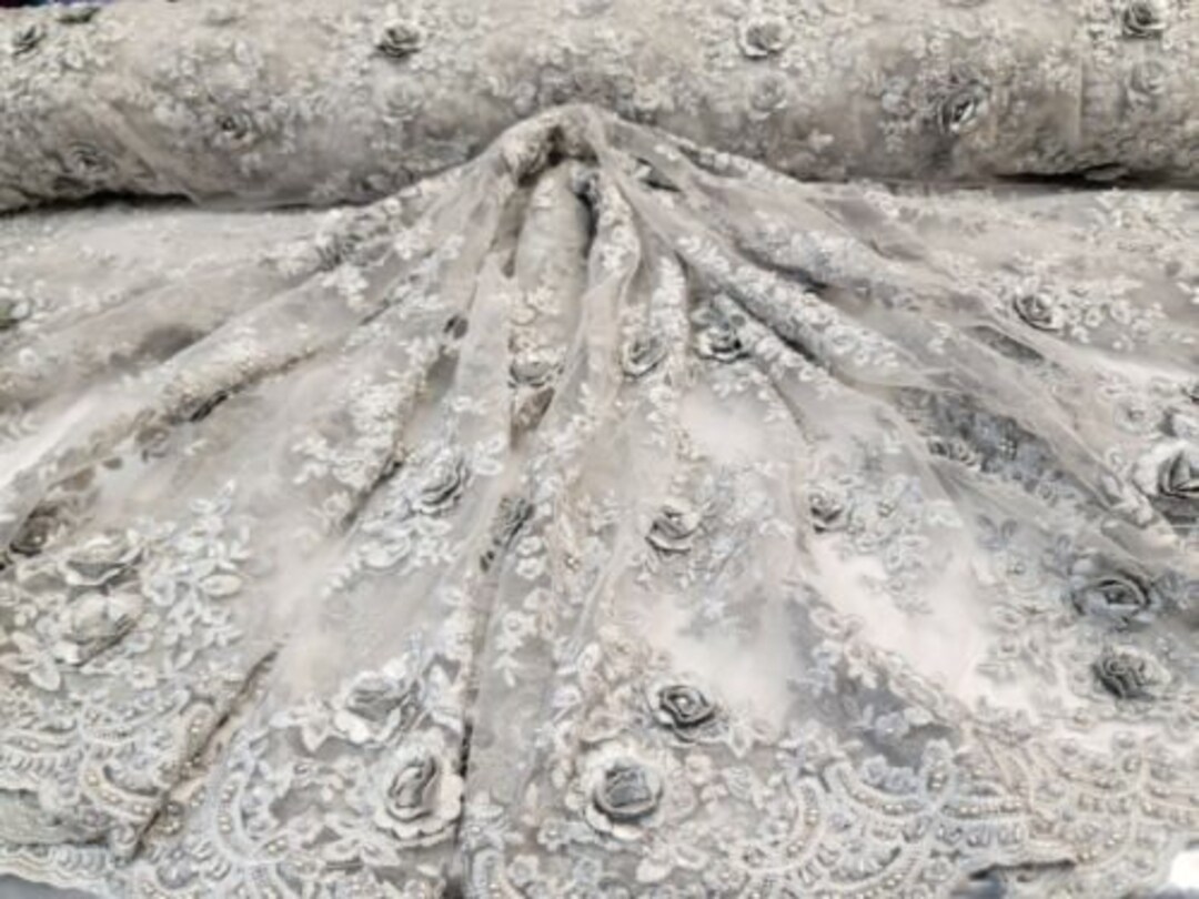 Luxurious Silver Geometry Beaded Lace Fabric for Sparkly Dresses