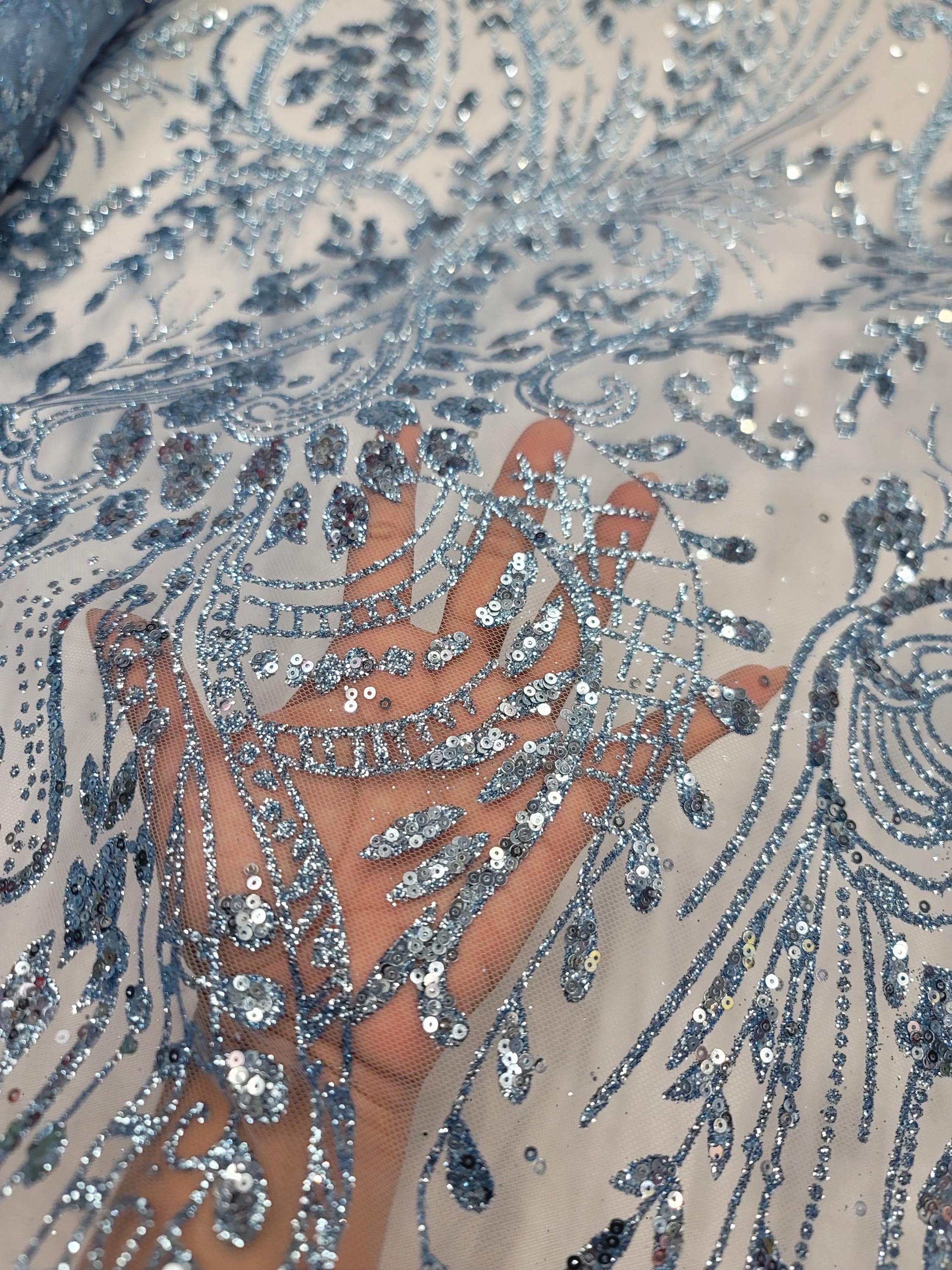 Fabric Sold by the Yard Sky Blue Lace Glitter Sparkle Mesh Fashion ...