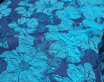 Blue Metallic Brocade Jacquard Fabric – Floral Evening Gowns, Bridal Dresses (Sold by Yard)