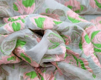 Fabric Sold By The Yard Fashion White Organza Blush PINK Green FLORAL BROCADE